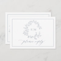 Dusty Blue Leafy Crest Monogram Wedding RSVP Card