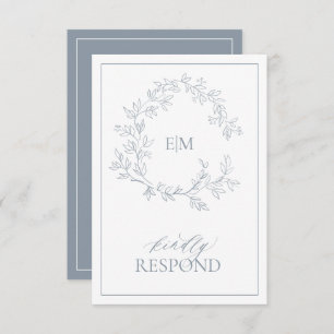 Dusty Blue Leafy Crest Monogram Wedding RSVP Card