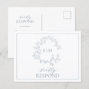 Dusty Blue Leafy Crest Monogram Wedding RSVP Invitation Postcard