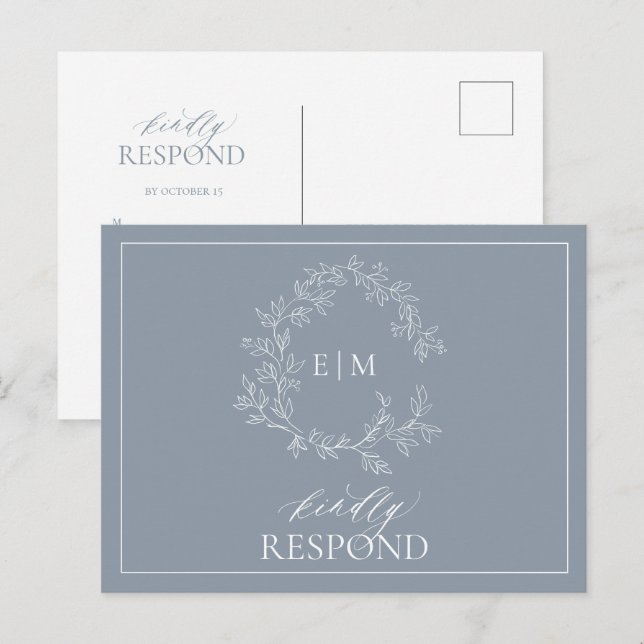 Dusty Blue Leafy Crest Monogram Wedding RSVP Invitation Postcard (Front/Back)