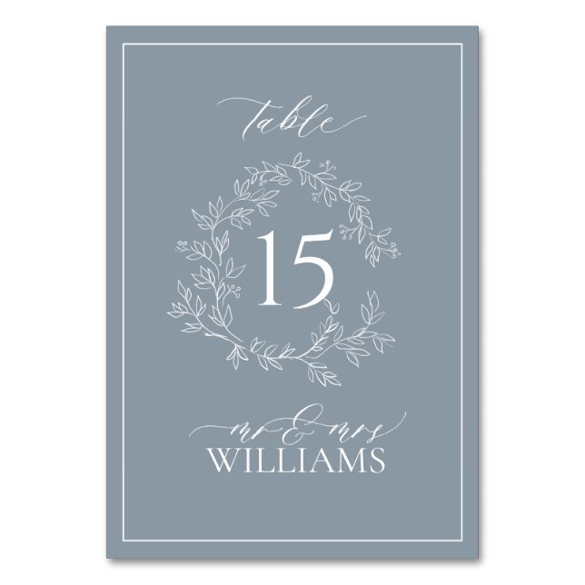 Dusty Blue Leafy Crest Monogram Wedding Table Number (Front)