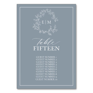 Dusty Blue Leafy Crest Monogram Wedding Table Number