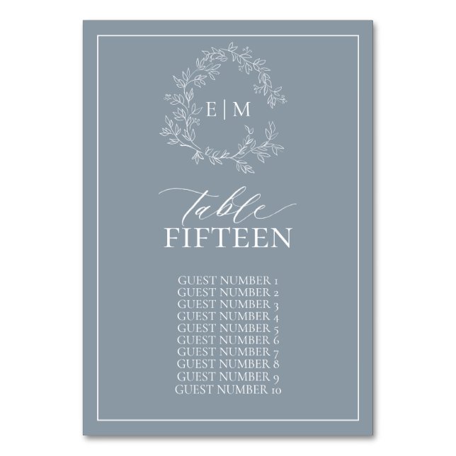 Dusty Blue Leafy Crest Monogram Wedding Table Number (Front)