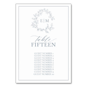 Dusty Blue Leafy Crest Monogram Wedding Table Number
