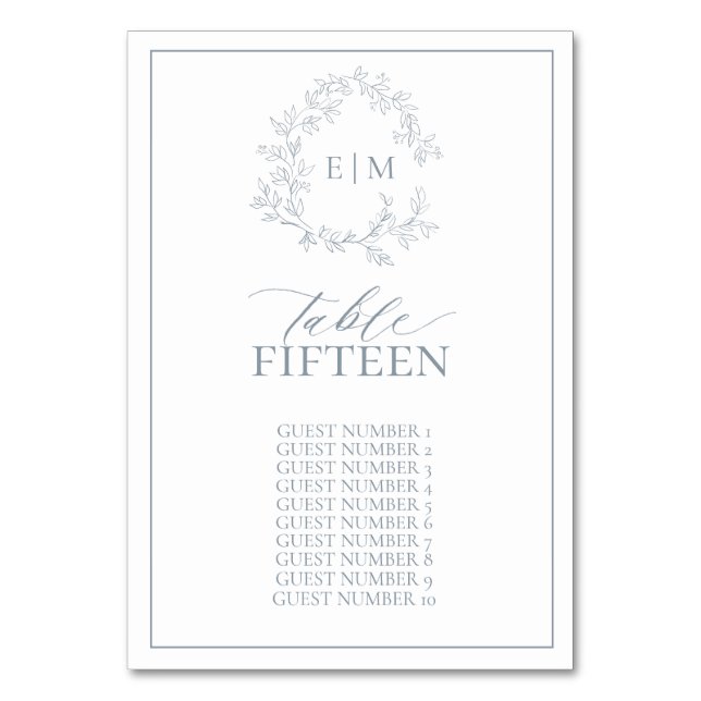 Dusty Blue Leafy Crest Monogram Wedding Table Number (Front)