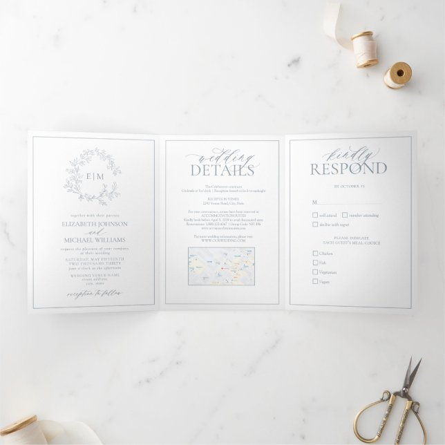 Dusty Blue Leafy Crest Monogram Wedding Tri-Fold Invitation (Inside)
