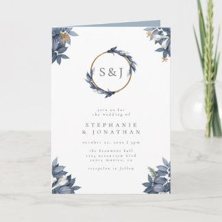 Dusty Blue Leaves & Gold Glitter Monogram Wedding Invitation