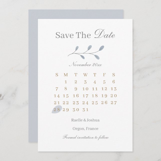 Dusty Blue Leaves Minimalist Save The Date Wedding Invitation (Front/Back)