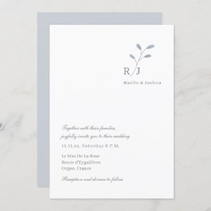 Dusty Blue Leaves Monogram Minimalist Chic Wedding Invitation