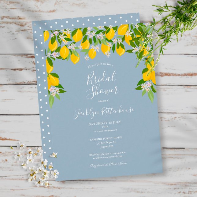 Dusty Blue Lemon Blossom Greenery Bridal Shower Invitation (Creator Uploaded)
