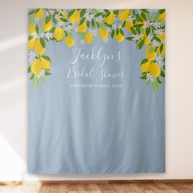 Dusty Blue Lemons Bridal Shower Photo Backdrop Tapestry (Dusty Blue Lemons Bridal Shower Photo Backdrop)