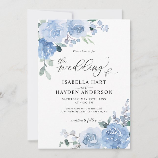 Dusty Blue Light All In One QR Code Floral Wedding Invitation (Front)