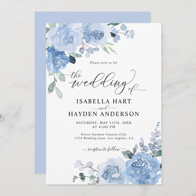 Dusty Blue Light Baby Blue Floral Flowers Wedding Invitation (Front/Back)