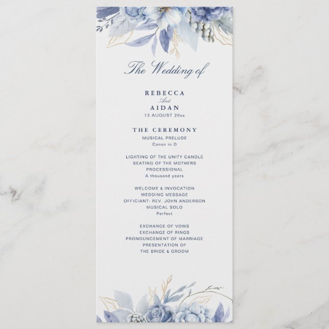  Dusty Blue & Light Blue Floral  Artwork wedding  Program (Front)