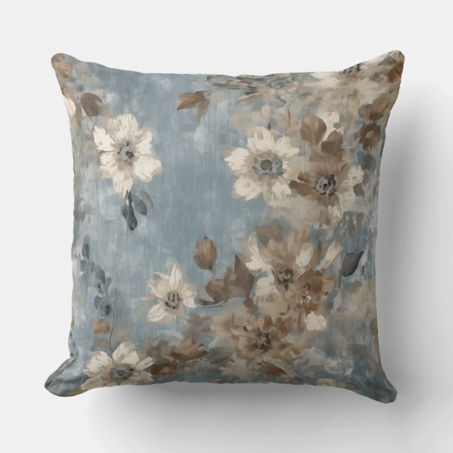 Dusty Blue Light Brown Rustic Abstract Floral Cushion (Front)