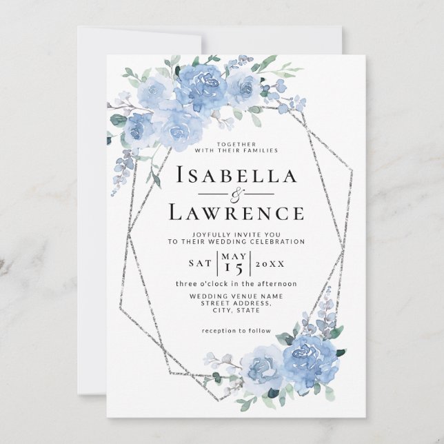 Dusty Blue Light Floral Silver Geometric Wedding Invitation (Front)