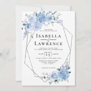 Dusty Blue Light Floral Silver Geometric Wedding Invitation