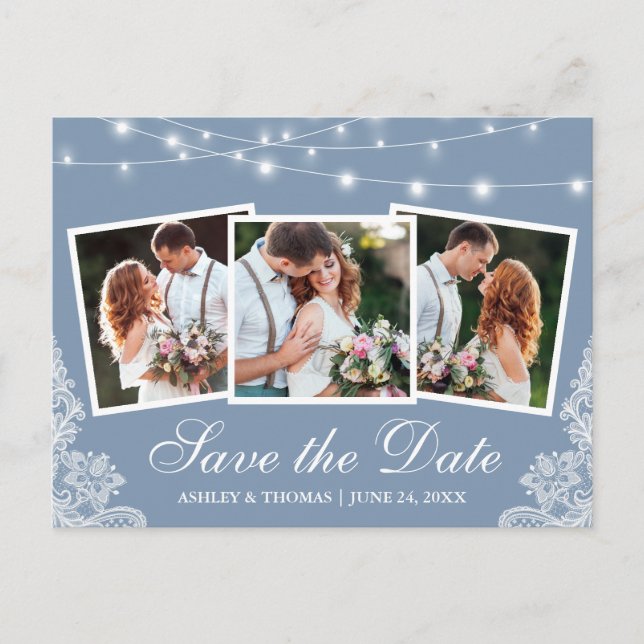 Dusty Blue Lights Lace 3 Photo Save The Date Postcard (Front)