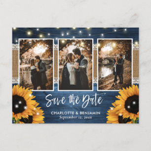 Dusty Blue Lights Sunflower 3 Photo Save The Date Announcement Postcard