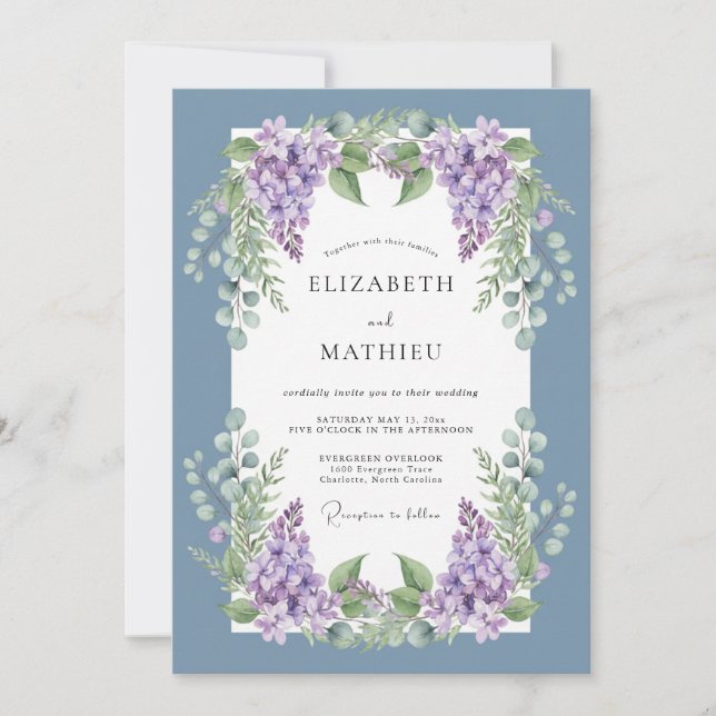 Dusty Blue Lilac Bloom Wedding Invitation (Front)