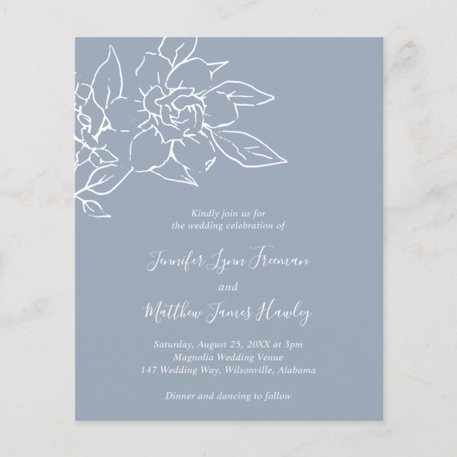 Dusty Blue Line Art Floral Budget Wedding Invite Flyer (Front)