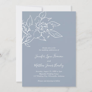 Dusty Blue Line Art Floral Elegant Wedding Invitation