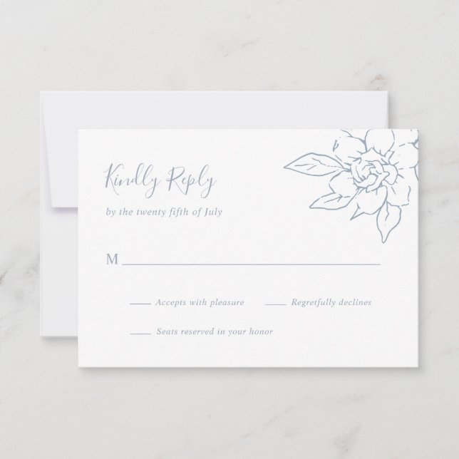 Dusty Blue Line Art Floral Elegant Wedding RSVP Card (Front)