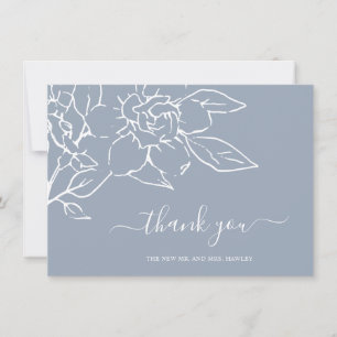 Dusty Blue Line Art Floral Elegant Wedding Thank You Card