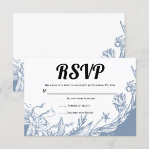 Dusty blue line art flowers typography floral RSVP card