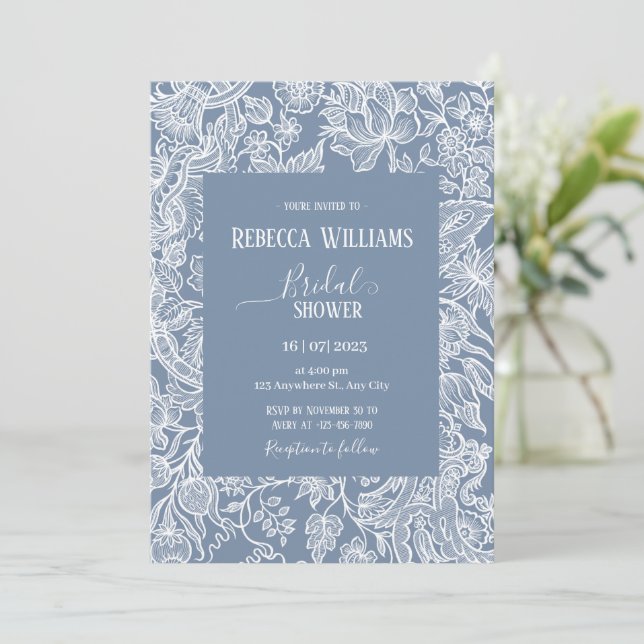 Dusty Blue Line Art Wildflowers Floral Bridal Invitation (Standing Front)
