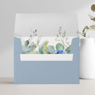 Dusty Blue Lined   Floral Hydrangea Wedding  Envelope