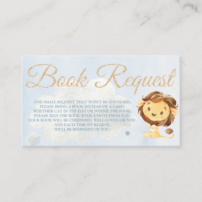 Dusty Blue Lion Book Request Card for Baby Shower (Front)