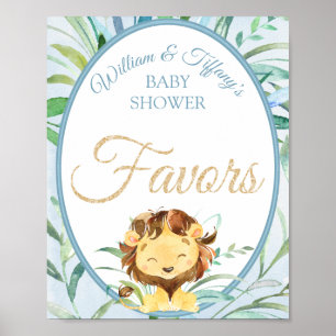 Dusty Blue Lion Boy Baby Shower Favors Poster