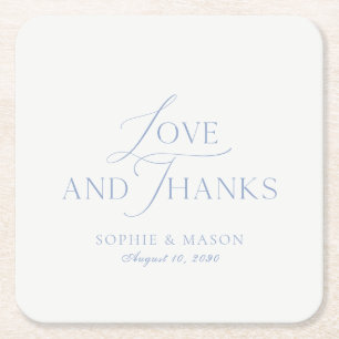 Dusty Blue Love and Thanks Wedding Favor Square Paper Coaster