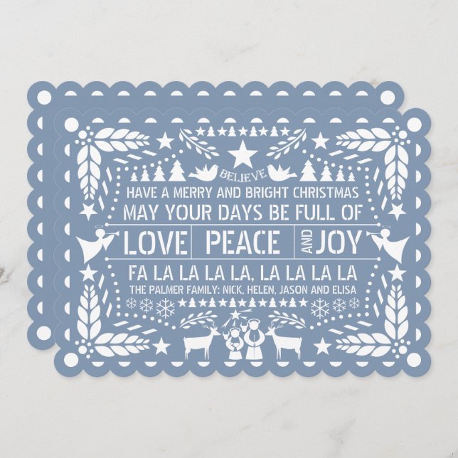 Dusty blue Love Peace Joy papel picado Christmas H Holiday Card (Front/Back)