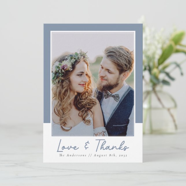 Dusty Blue Love & Thanks Photo Wedding   Thank You Card (Standing Front)