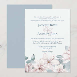 Dusty Blue Magnolias Elegant Spring Wedding Invitation