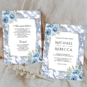 Dusty Blue Marble Floral Silver All in One Wedding Invitation