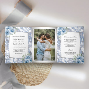 Dusty Blue Marble Floral Silver Foil Photo Wedding Tri-Fold Invitation