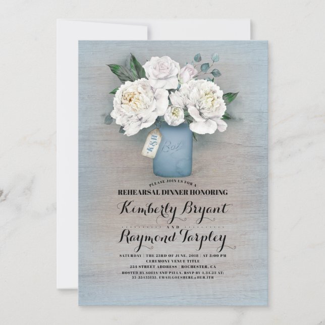 Dusty Blue Mason Jar Rustic Rehearsal Dinner Invitation (Front)