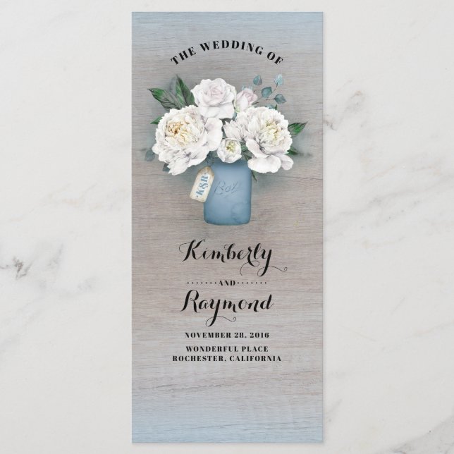 Dusty Blue Mason Jar Rustic Wedding Programs (Front)