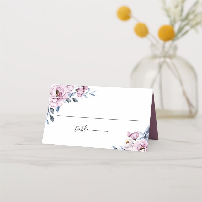 Dusty Blue Mauve Botanical Floral Wedding Place Card (Front)