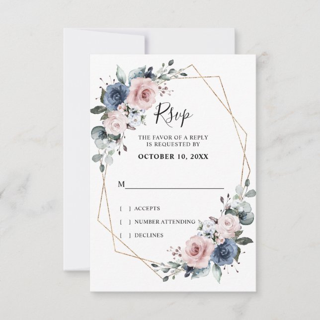 Dusty Blue Mauve Eucalyptus Geometric Wedding RSVP Card (Front)