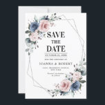 Dusty Blue Mauve Eucalyptus Geometric Wedding Save Save The Date<br><div class="desc">Elegant and modern floral midsummer wedding invitation features a bouquet of watercolor roses peonies in shades of slate, dusty blue, dusty rose, dusty pink , mauve, sage with lush green botanical leaves and eucalyptus with geometric background. Please find more matching designs and variations from my "blissweddingpaperie" store. And feel free...</div>