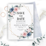 Dusty Blue Mauve Eucalyptus Geometric Wedding Save The Date<br><div class="desc">Elegant and modern floral midsummer wedding invitation features a bouquet of watercolor roses peonies in shades of slate, dusty blue, dusty rose, dusty pink , mauve, sage with lush green botanical leaves and eucalyptus with geometric background. Please find more matching designs and variations from my "blissweddingpaperie" store. And feel free...</div>