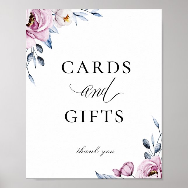 Dusty Blue Mauve Floral Cards Gifts Sign (Front)
