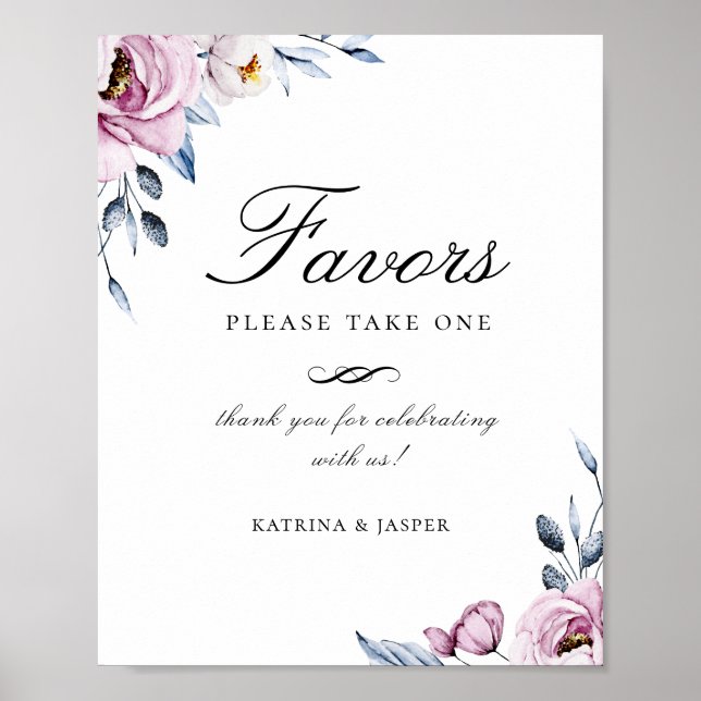 Dusty Blue Mauve Floral Favor Wedding Sign (Front)