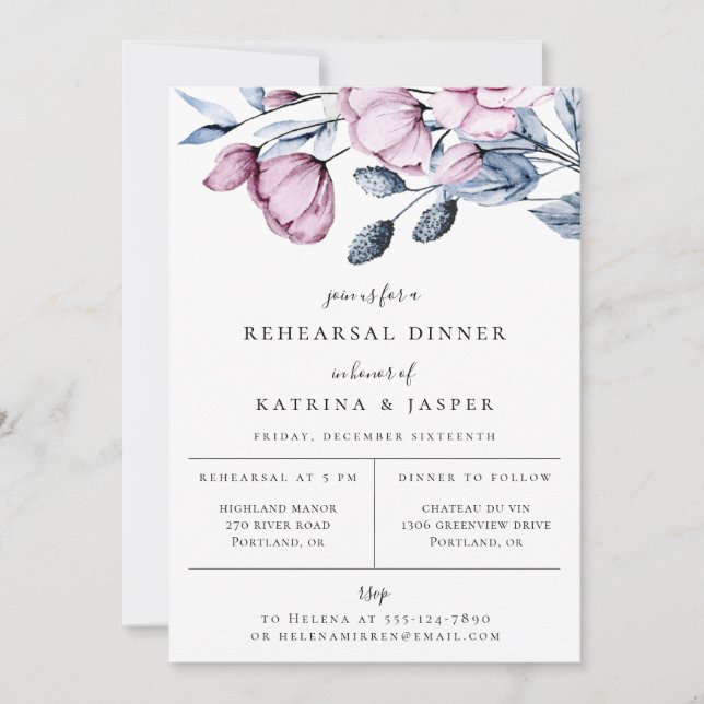 Dusty Blue Mauve Floral Rehearsal Dinner Announcement (Front)
