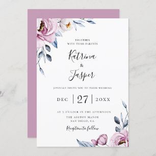 Dusty Blue Mauve Floral Wedding Invitation
