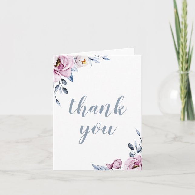 Dusty Blue Mauve Floral Wedding Thank You Card (Front)